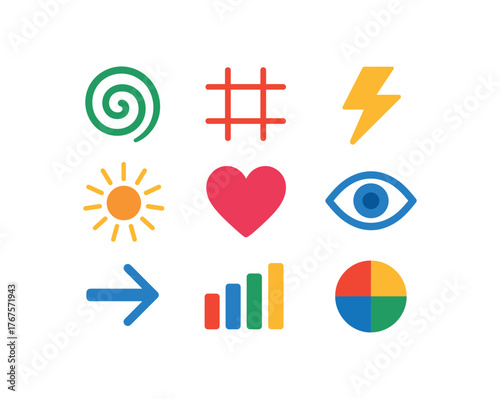 flat colorful abstract icons including spiral grid lightning sunburst heart eye arrow geometric rhythm vivid tone flat vector illustration style isolated on white background vector icon