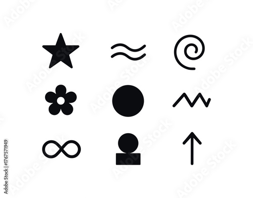 flat minimal geometric icons including wave swirl arrow flower circle zigzag infinity calm composition flat vector illustration style isolated on white background vector icon illustration