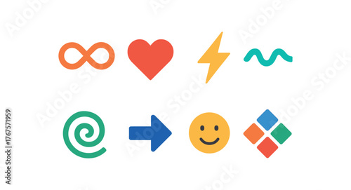 flat geometric icons including loop heart lightning wave spiral arrow smiley geometric energy colorful tones flat vector illustration style isolated on white background vector icon