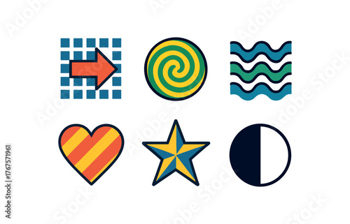 flat colorful optical icons including arrow grid spiral circle wavy lines heart bold contrast minimal layout flat vector illustration style isolated on white background vector icon