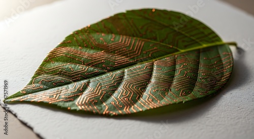 Discover the vibrant fusion of nature and technology with a detailed close-up of a green leaf intricately designed with copper circuit board patterns, symbolizing innovation and sustainable growth.
