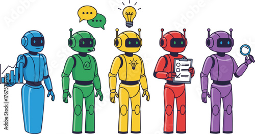 Create a kinds of deferent Simple vector illustration of a humanoid AI robot that supports business operations vector art with white background.