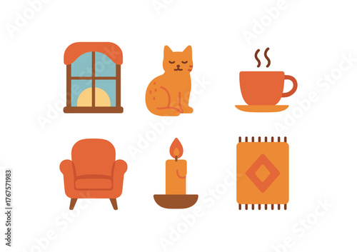 flat colorful cozy icons including window cat cup chair candle rug warm tones flat vector illustration style isolated on white background vector icon illustration