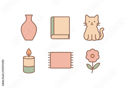 flat pastel decor icons including vase book cat candle rug flower gentle interior theme flat vector illustration style isolated on white background vector icon illustration