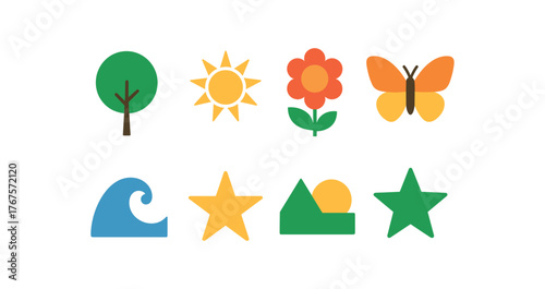 flat geometric nature icons including tree sun flower butterfly river wave landscape shape flat vector illustration style isolated on white background vector icon illustration