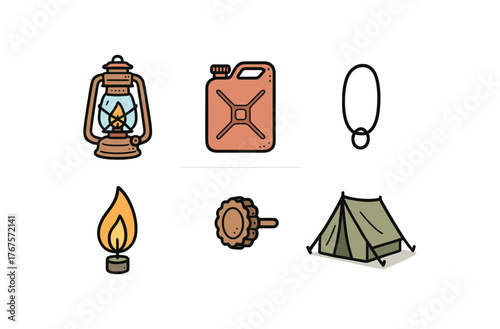 hand drawn cute doodle style line isolated on white background: camping lantern fuel tank hanging loop wick knob steady flame tent shadow