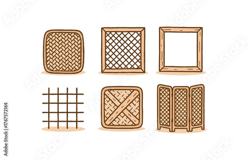 hand drawn cute doodle style line isolated on white background: woven bamboo screen lattice weave wood frame cross lines light shadow room divider