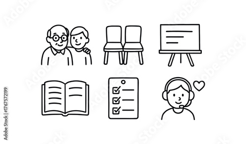 hand drawn cute doodle style line isolated on white background: mentor partner shared chair whiteboard line open book checklist page support icon