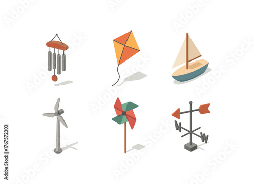 isometric icon items isolated on white background wind chimes kite sailboat wind turbine pinwheel weather vane
