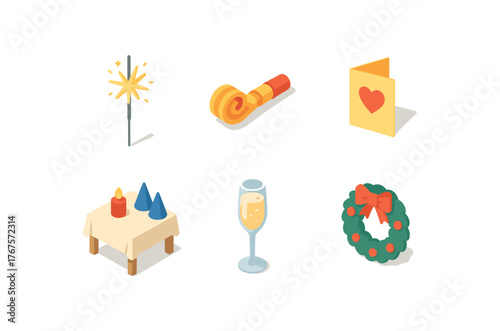 isometric icon items isolated on white background sparkler candle party horn greeting card festive table champagne glass holiday wreath