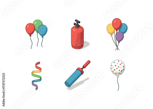 isometric icon items isolated on white background latex balloons helium tank balloon bouquet colorful ribbon balloon pump confetti balloon