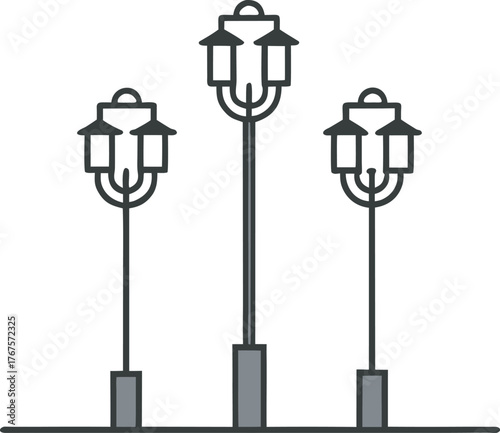 Three street lamp sketch black and gray streetlights in a row on white background lamp post