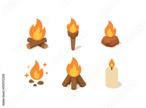 isometric icon items isolated on white background fire (elements): campfire torch ember spark bonfire candle
