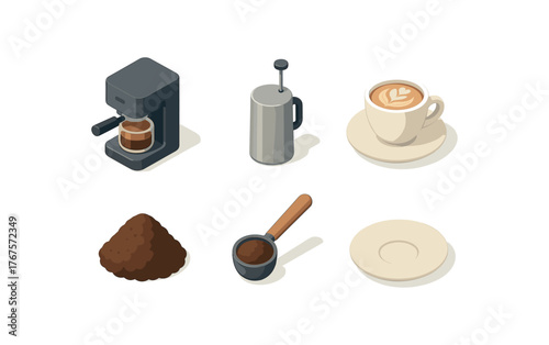 isometric icon items isolated on white background coffee (equipment): coffee machine milk frother latte art coffee grounds coffee scoop saucer