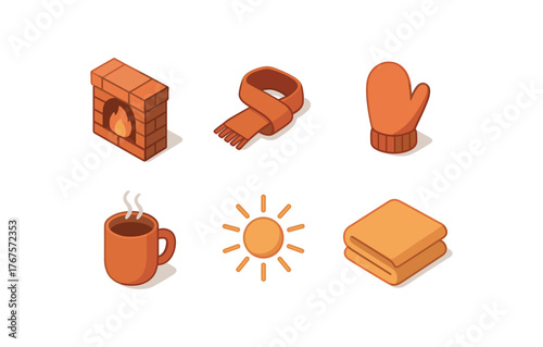 isometric icon items isolated on white background warmth (comfort): hearth scarf mitten hot mug sunbeam blanket