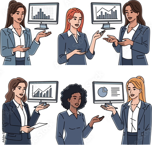 Create a kinds of deferent simple vector illustration of a young businesswoman explaining while showing a PC screen vector art with white background.