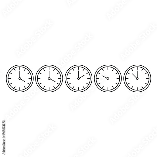 Five clocks showing different times in a row