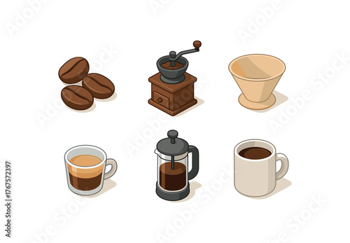 isometric icon items isolated on white background coffee (basics): coffee beans coffee grinder coffee filter espresso shot French press coffee mug