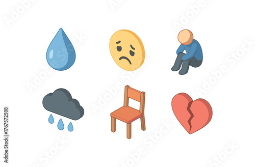 isometric icon items isolated on white background sadness (emotions): tear drop gloomy face slumped figure lonely rain cloud empty chair broken heart