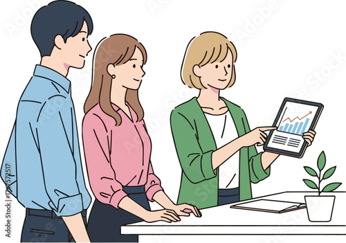 Create a kinds of deferent simple vector illustration of a young man and woman consulting a female planner vector art with white background..