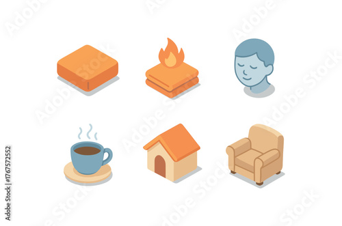 isometric icon items isolated on white background comfort cushion comfort warmth comfort solace comfort ease comfort haven comfort refuge