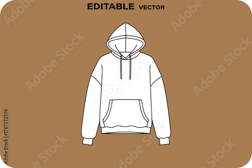 Fashion flat sketch of a white hooded sweatshirt with a front pocket