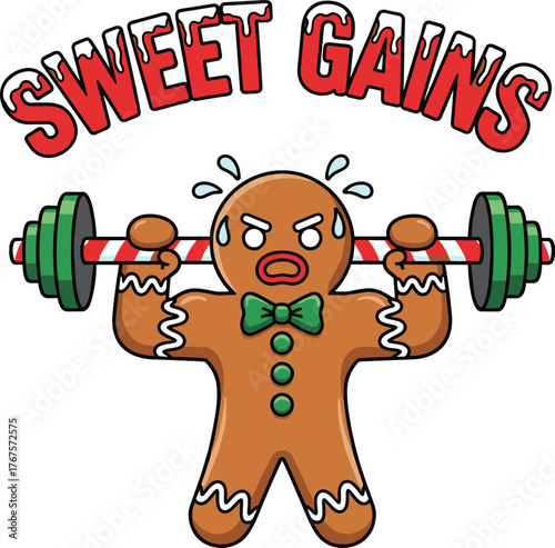 Gingerbread Man Lifting Weights with Christmas Candy Cane Barbell and Sweet Gains Text vector illustration