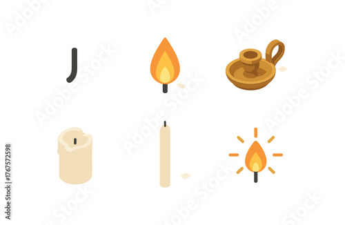 isometric icon items isolated on white background candle wick candle flame candle holder candle wax candle taper candle glow