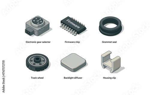 isometric icon items isolated on white background electronic gear selector CAN bus connector electronic gear selector firmware chip electronic gear selector grommet seal electronic gear
