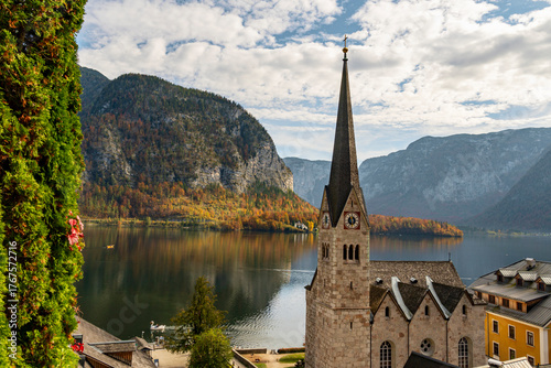 Hallstatt Austria Church and Lake View in Autumn with Mountain Reflection and Scenic Village Landscape