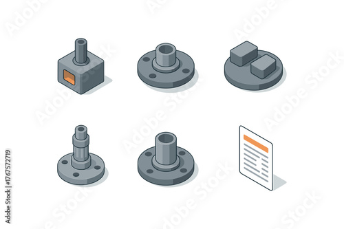 isometric icon items isolated on white background rebuilt transmission core test bench adapter rebuilt transmission core dyno flange rebuilt transmission core balance weights rebuilt