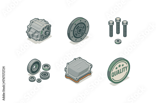 isometric icon items isolated on white background rebuilt transmission core core housing rebuilt transmission core reconditioned clutch rebuilt transmission core retorqued bolt set rebuilt