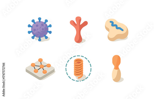 isometric icon items isolated on white background viral infection capsid protein viral infection envelope glycoprotein spike viral infection reverse transcriptase enzyme viral infection