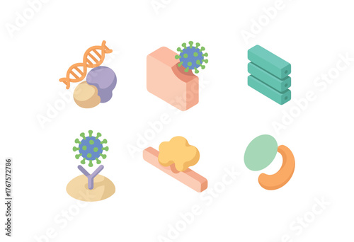 isometric icon items isolated on white background viral infection RNA polymerase active site viral infection virion budding site viral infection segmented genome fragment viral infection