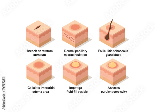 isometric icon items isolated on white background skin infection epidermal stratum corneum breach skin infection dermal papillary microcirculation skin infection folliculitis sebaceous