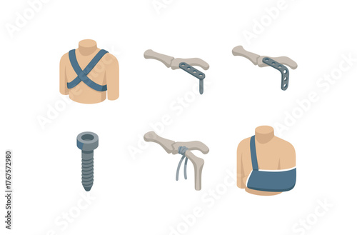 isometric icon items isolated on white background clavicular fracture figure of eight brace clavicular fracture midshaft plate clavicular fracture hook plate clavicular fracture locking
