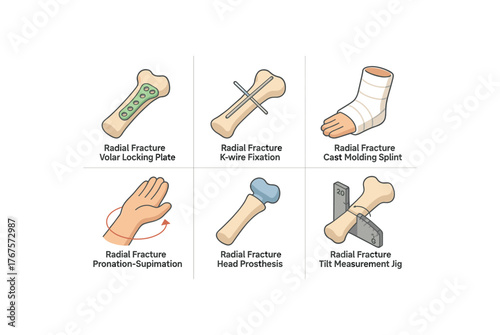 isometric icon items isolated on white background radial fracture volar locking plate radial fracture K wire fixation radial fracture cast molding splint radial fracture pronation