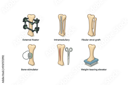 isometric icon items isolated on white background tibial fracture external fixator frame tibial fracture intramedullary tibial fracture fibular strut graft tibial fracture bone stimulator