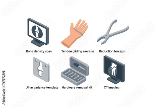 isometric icon items isolated on white background radial fracture bone density scan radial fracture tendon gliding exercises radial fracture reduction forceps radial fracture ulnar variance