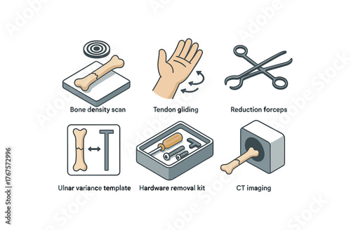 isometric icon items isolated on white background radial fracture bone density scan radial fracture tendon gliding exercises radial fracture reduction forceps radial fracture ulnar variance