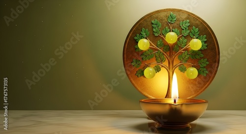 Minimalist Amla Tree with Golden Diya – Festive Amla Navami Decor, Copy Space Left