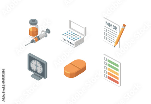 isometric icon items isolated on white background Alzheimer disease amyloid PET tracer dose Alzheimer disease tau protein ELISA kit Alzheimer disease MMSE questionnaire form Alzheimer
