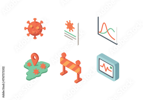 isometric icon items isolated on white background illness virus model illness pathology report illness immune response curve illness infection map illness quarantine barrier illness health