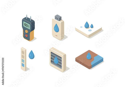 isometric icon items isolated on white background dampness moisture meter dampness humidity sensor dampness absorption pad dampness indicator strip dampness ventilation vent dampness