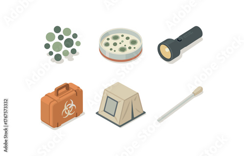 isometric icon items isolated on white background mold spore cluster mold growth culture mold inspection flashlight mold remediation kit mold containment tent mold testing swab
