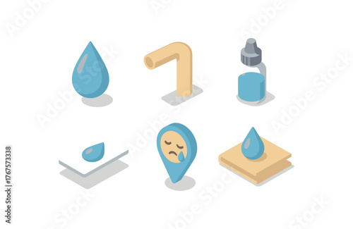 isometric icon items isolated on white background tears droplet shape tears duct tube tears saline solution tears microscope slide tears emotion marker tears drying cloth