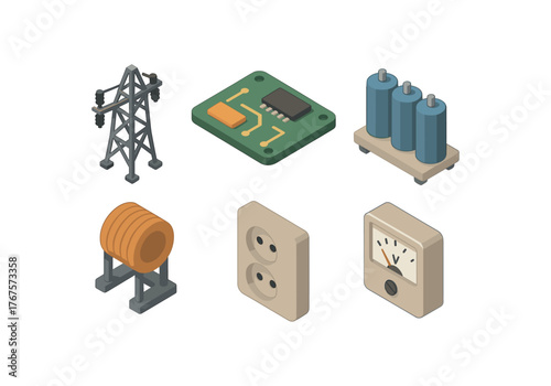 isometric icon items isolated on white background electricity power line electricity circuit board electricity capacitor bank electricity transformer coil electricity plug socket