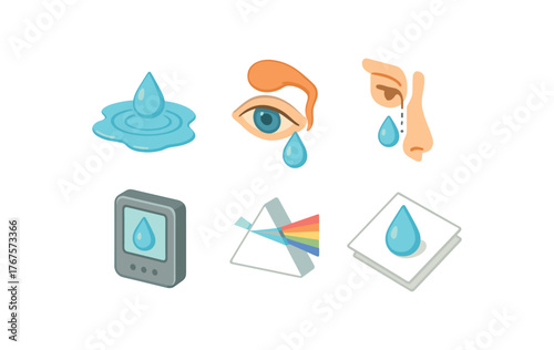 isometric icon items isolated on white background tears reflection pool tears eye gland model tears tear duct map tears moisture sensor tears prism refraction tears cleaning wipe