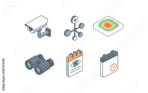 isometric icon items isolated on white background observation camera rig observation sensor network observation heat map observation binoculars optic observation note taking app observation