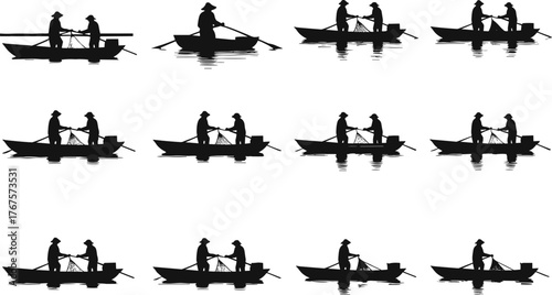Silhouette vector of fishermen in boats using nets and gear on water, traditional fishing lifestyle for rural stock illustration content